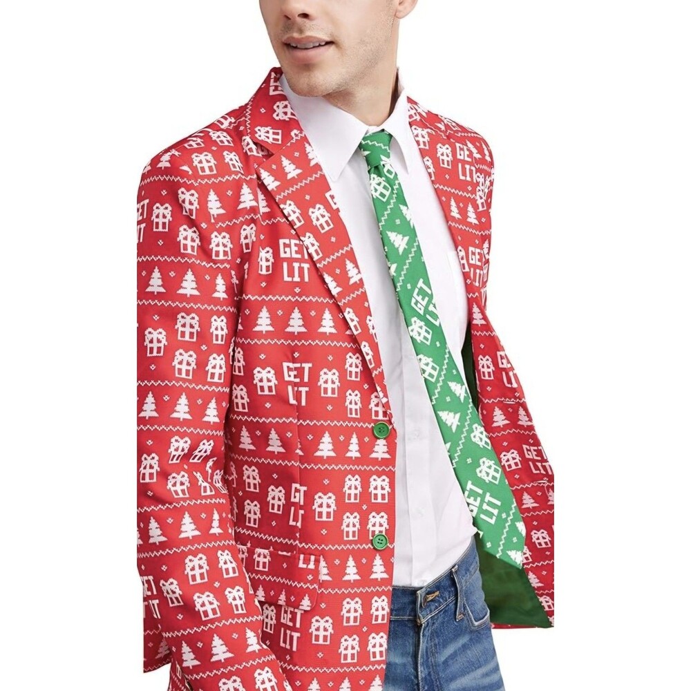 Get Lit XL Gift Trees Christmas Suit Sportscoat Blazer & Tie Set Tie NWT EUC